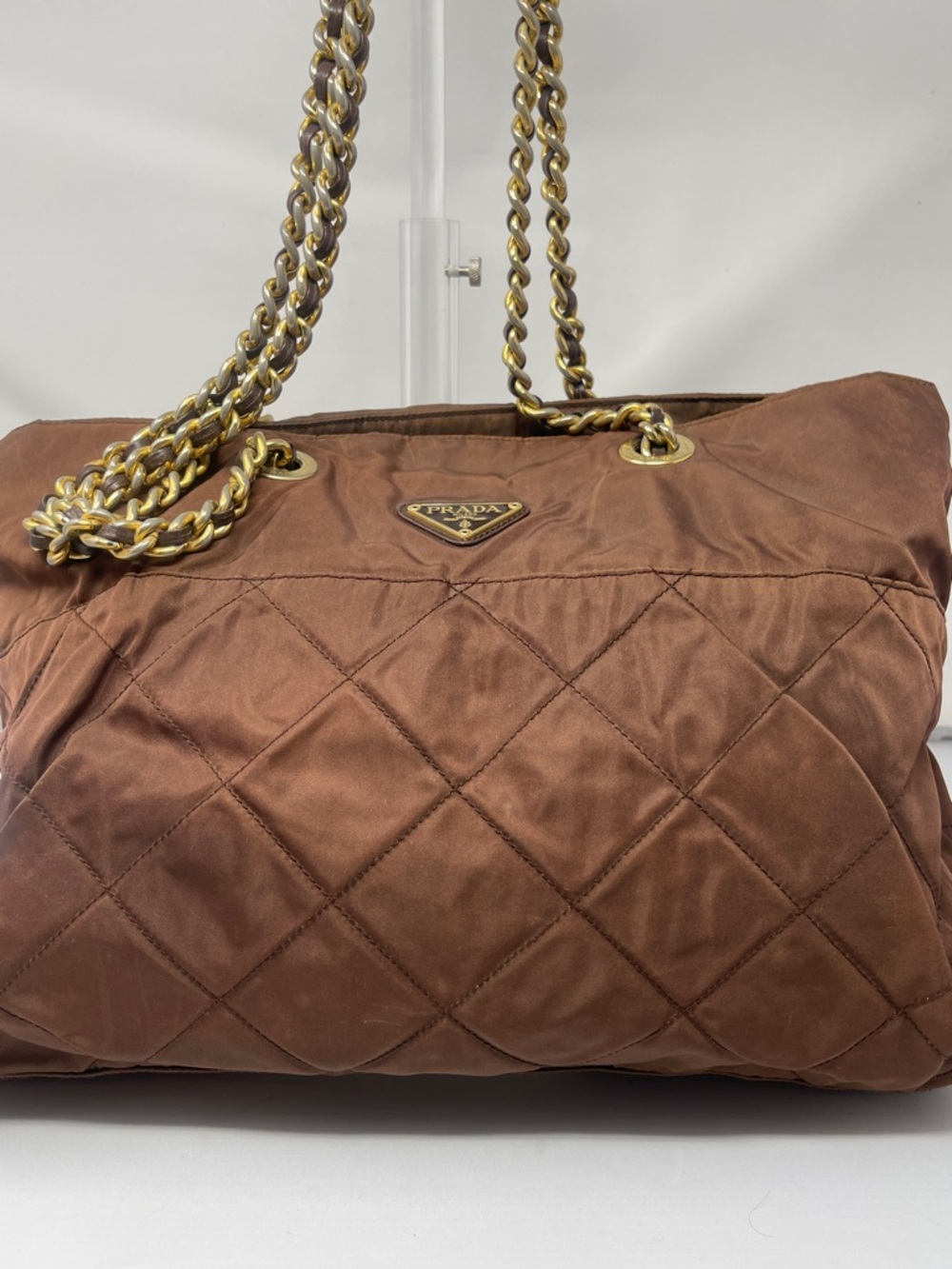 Prada Quilted Catena VintageBrown Nylon Shoulder Bag with Gold Chain Straps
